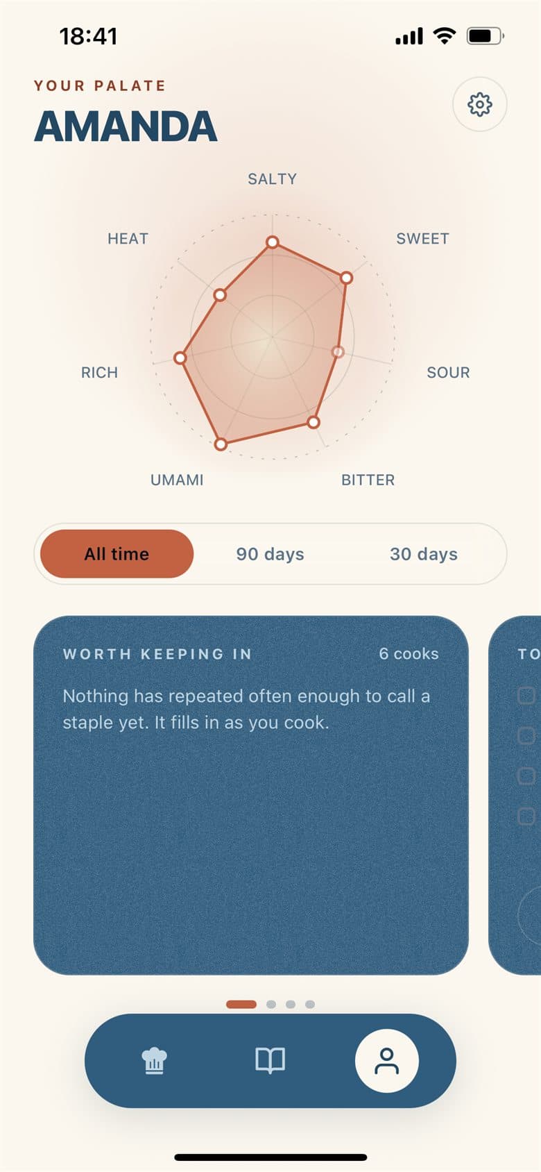 A radar chart of one cook's palate across salty, sweet, sour, bitter, umami, rich and heat